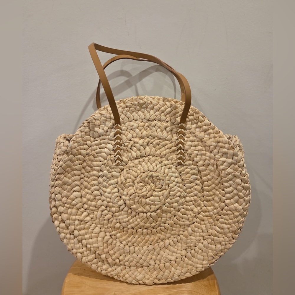 Woven Round Straw Tote Bag with Tan Leather Straps